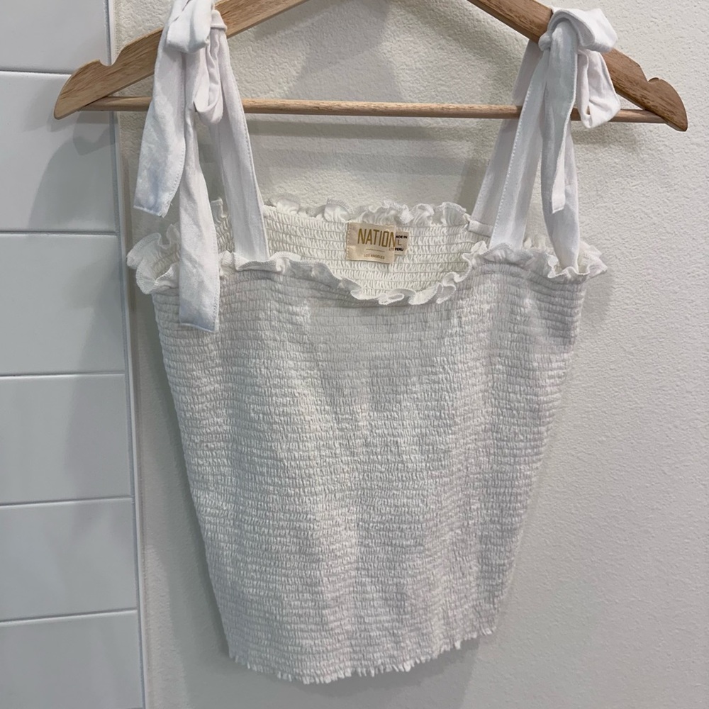 Nation LTD ruched bandeau tube top with tie shoulder straps in white